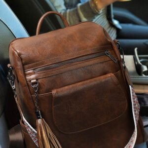 Dark Brown Tassel Decor Retro Pu Large Capacity Backpack
