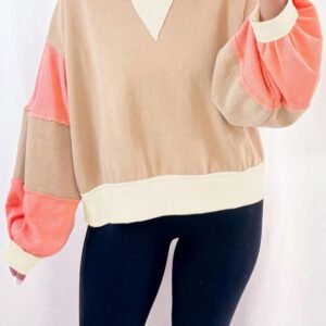 Light French Beige Color Block Textured Patchwork Pullover Sweatshirt