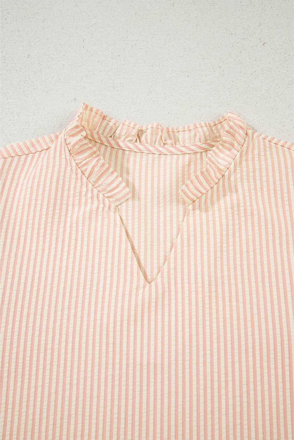 Pink Stripe Bow Knot Cuff Pearl Embellished Puff Sleeve V Neck Blouse