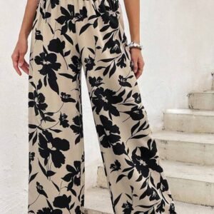 Khaki Floral Print Smocked High Waist Wide Leg Pants