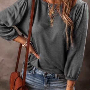 Medium Grey Solid Color 3/4 Sleeve Round Neck Blouse