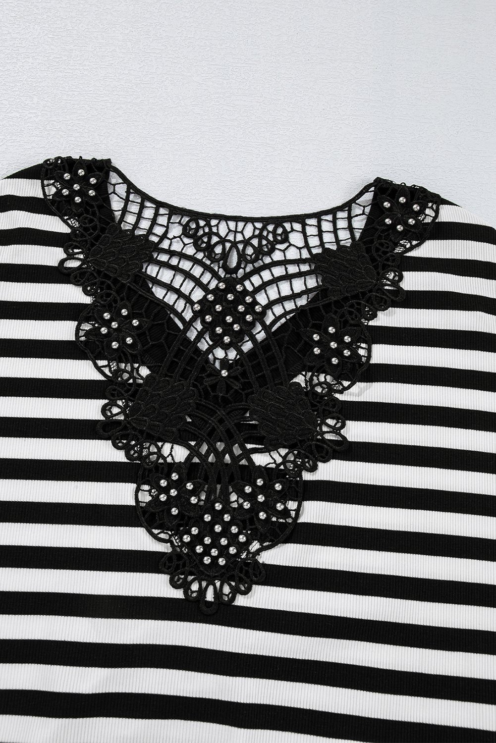 Black Stripe Crochet Hollow-Out Back Buttoned Shoulder V Neck Top