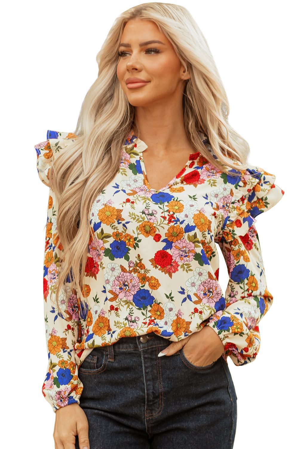 Apricot Ruffled Shoulder Long Sleeve Floral Blouse