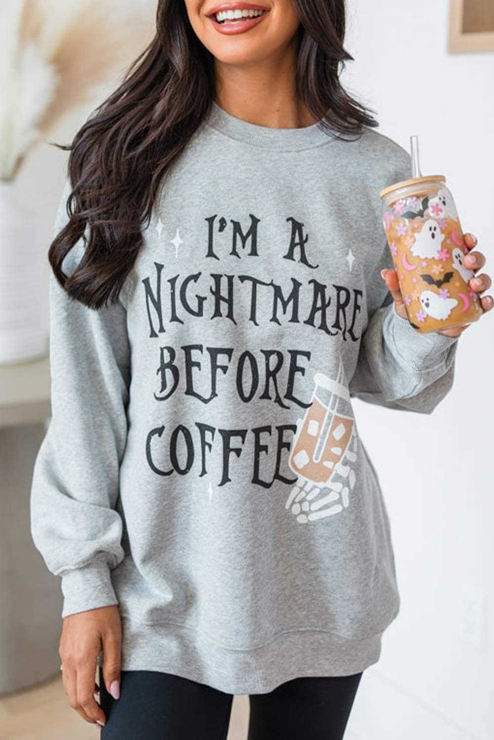 Gray I'M A Nightmare Before Coffee Graphic Crewneck Sweatshirt