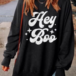 Black Hey Boo Print Drop Sleeve Side Split Oversized Sweatshirt