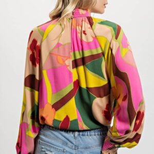 Multicolor Floral Print Smocked Hem Stand Neck Blouse
