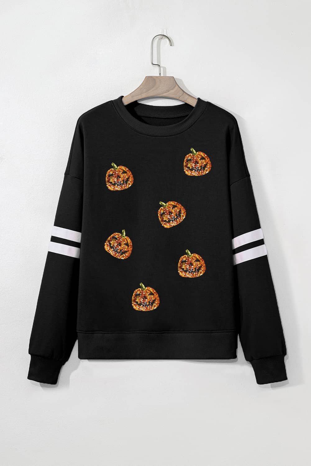 Black Halloween Pumpkin Face Sequin Patched Oversize Varsity Sweatshirt