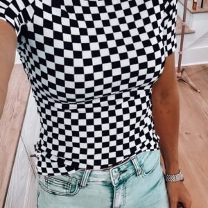 Black Checkered Ribbed Slim Fit Crew Neck T Shirt