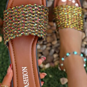 Red Dahlia Glitter Braided Square Toe Pu Leather Slippers