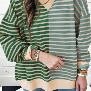 Green Stripe Casual Stripe Colorblock Drop Shoulder Oversize Sweatshirt