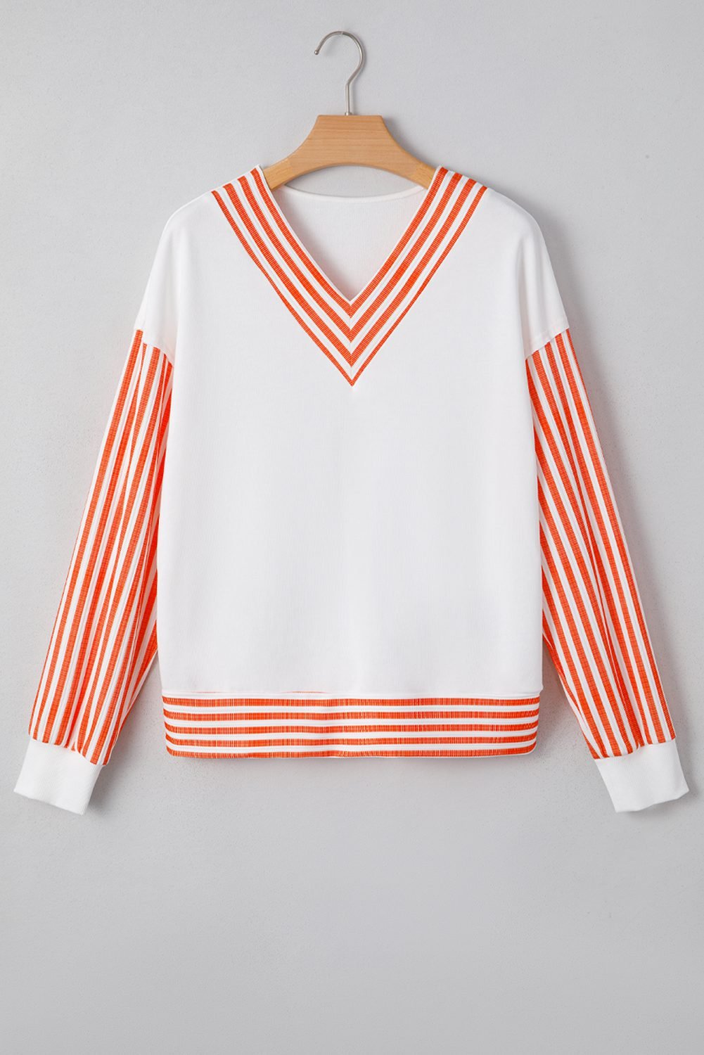 Orange Stripe V Neck Drop Shoulder Patchwork Long Sleeve Top