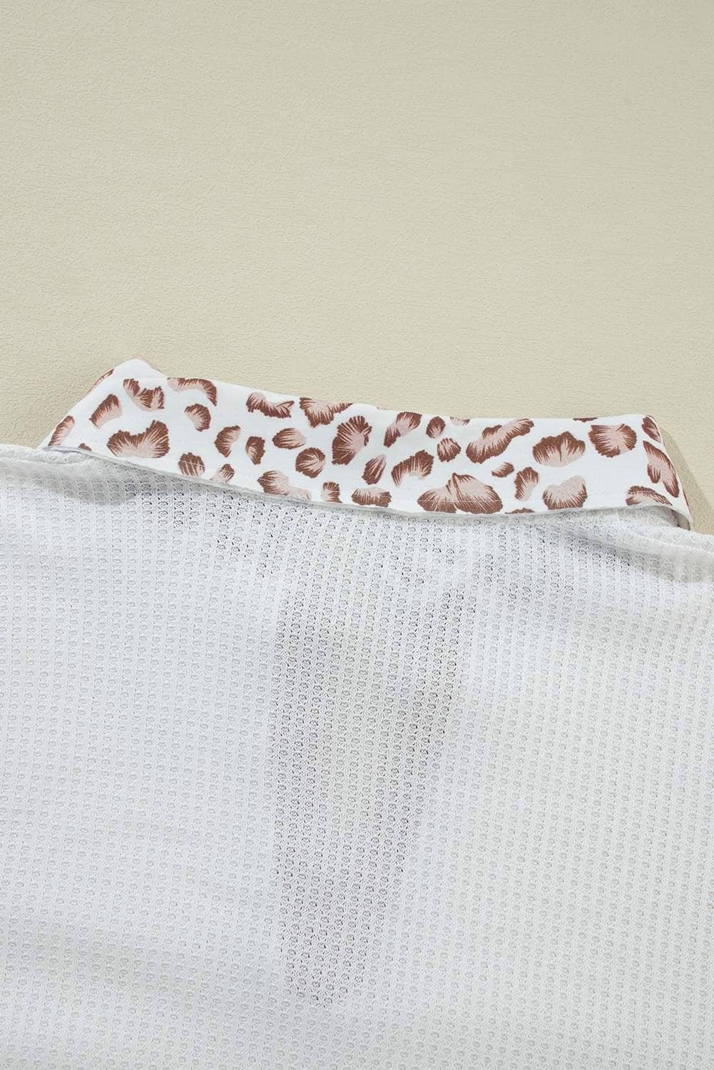 White Leopard Patchwork Turn-Down Collar Waffle Top