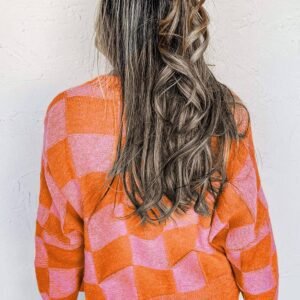Orange Checkered Drop Shoulder Buttoned V Neck Cardigan