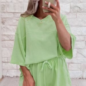 Meadow Mist Green Solid Loose V Neck Half Sleeve Tee And Shorts