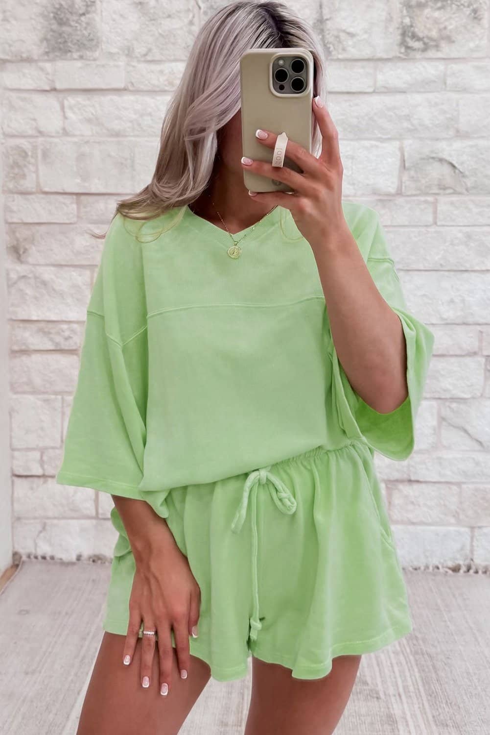 Meadow Mist Green Solid Loose V Neck Half Sleeve Tee And Shorts