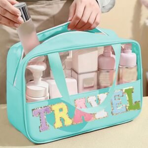 Mint Green Travel Chenille Letter Clear Pvc Makeup Bag