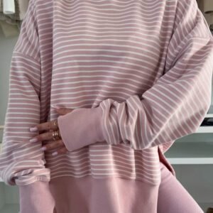 Purple Stripe Thumbhole Side Slits Drop Shoulder Loose Fit Hoodie