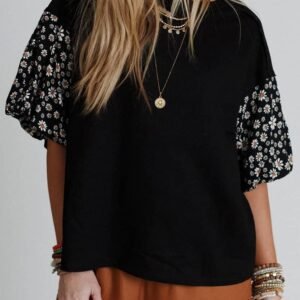 Black Contrast Floral Puff Sleeve Oversized Top