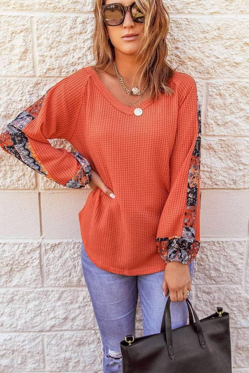 Orange Contrast Eyelet Thermal Knit Top