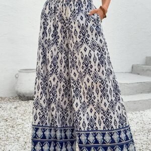 Blue Boho Pattern Print High Waist Wide Leg Loose Pants