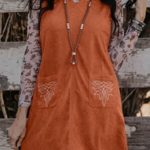 Gold Flame Corduroy Western Embroidered Patched Pocket Shift Sleeveless Mini Dress