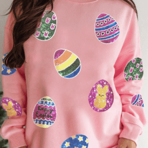Pink Sequined Easter Egg Patched Pullover Sweatshirt