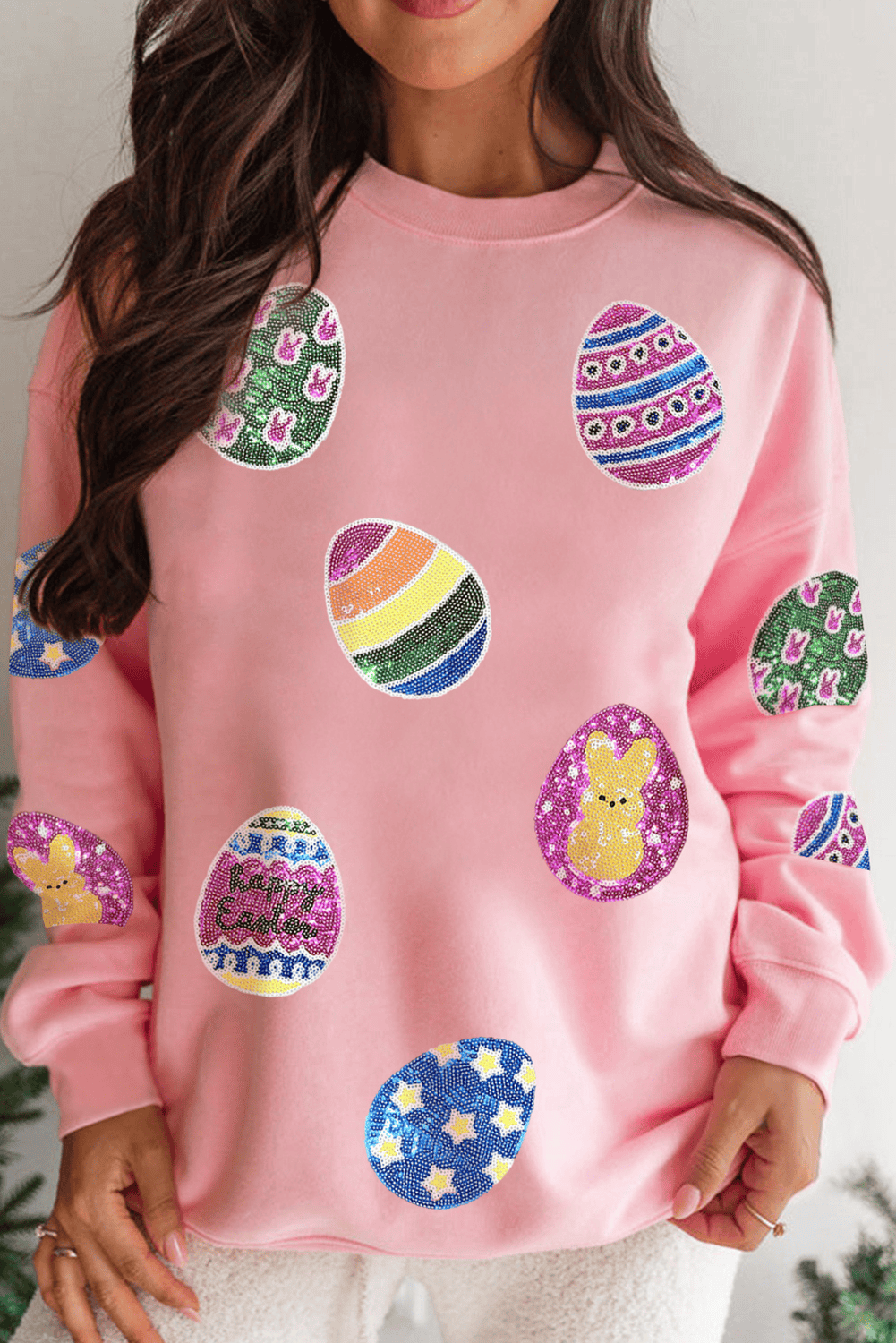 Pink Sequined Easter Egg Patched Pullover Sweatshirt