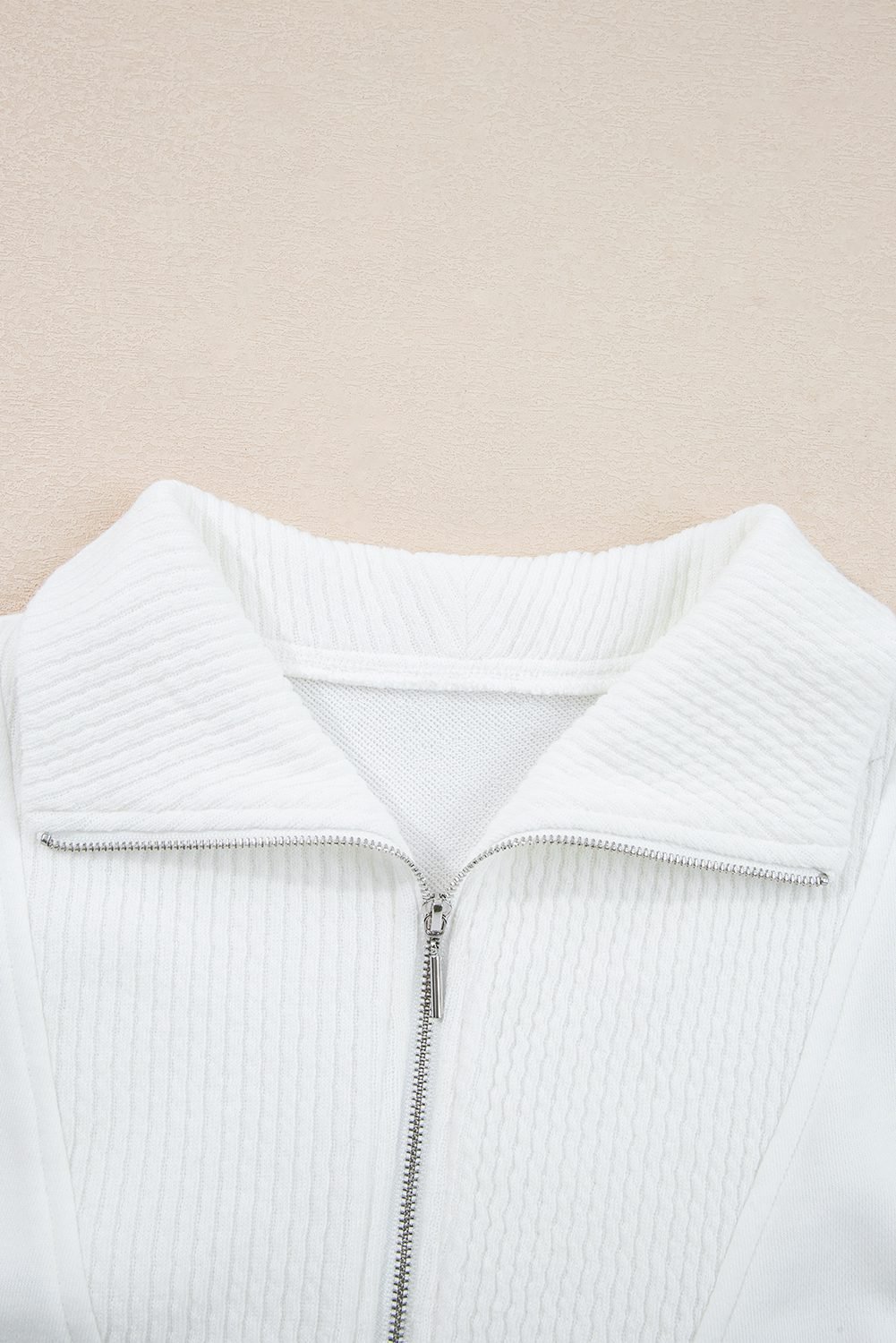 White Ribbed Collar Drop Shoulder Sweatshirt And Shorts Set