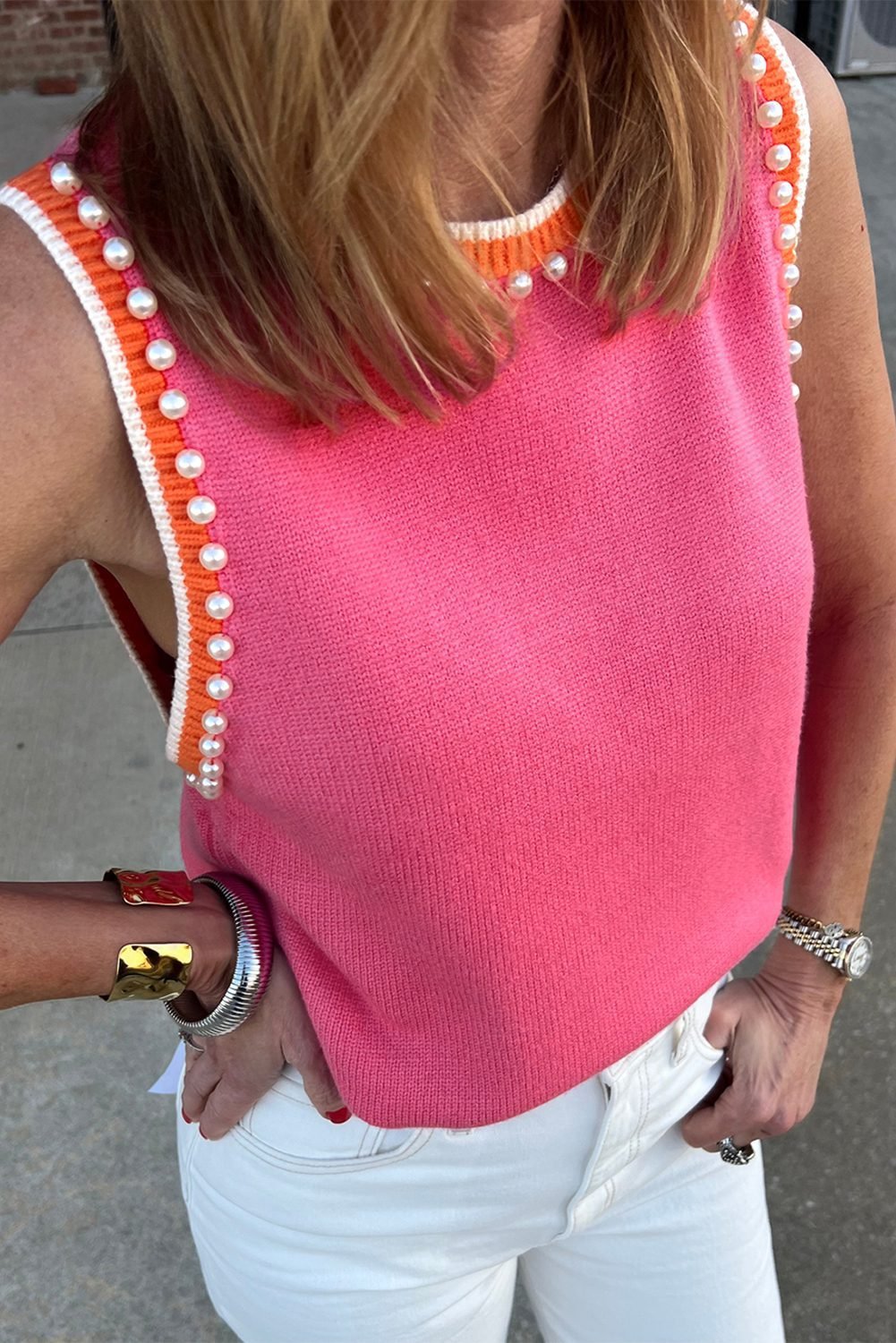Bright Pink Contrast Trim Pearl Detail Sweater Tank Top
