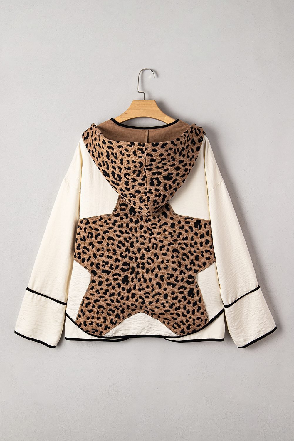 Brown Leopard Star Hooded Patchwork Contrast Piping Open Front Jacket