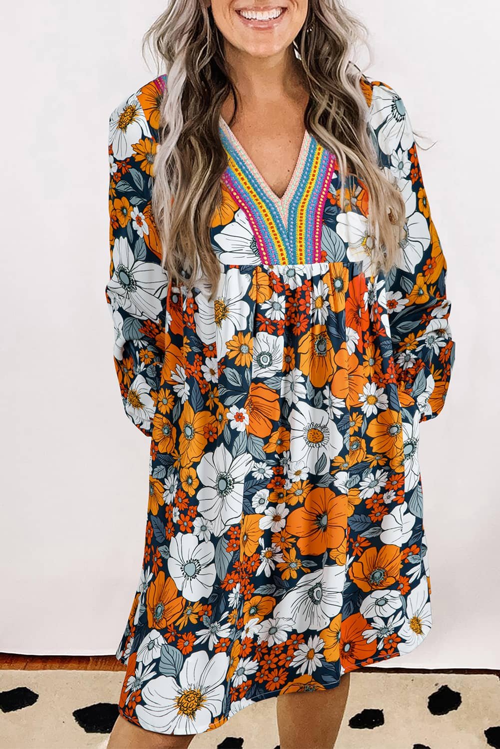 Orange Floral Print Striped Lace V Neck Long Sleeve Mini Dress