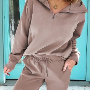 Goat Zip Collar Long Sleeve Top Drawstring Pants Set