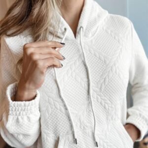 White Cable Lattice Texture Kangaroo Pocket Hoodie