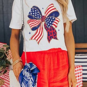 White Stars And Stripes Bow Print 4Th Of July T Shirt