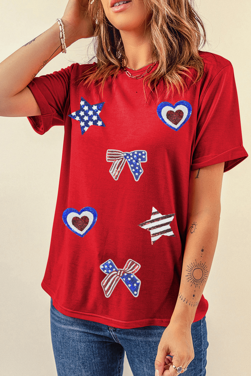 Red American Flag Inspired Sequined Pattern Crewneck Tee