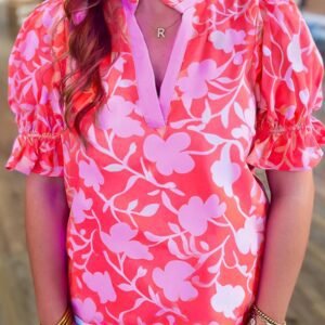 Red Floral Split V Neck Ruffled Short Sleeve Blouse Top