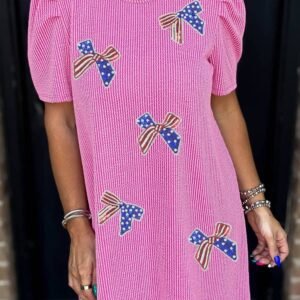 Bright Pink Flag Pattern Inspired Sequin Bow Spiral Ribbed Puff Sleeve T Shirt Dress