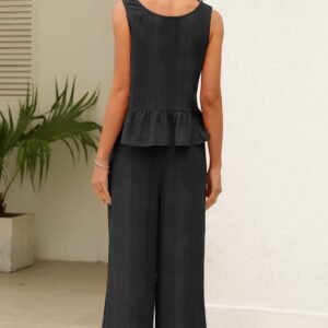 Black Solid Color Ribbed Ruffle Tank Top And Pants Set
