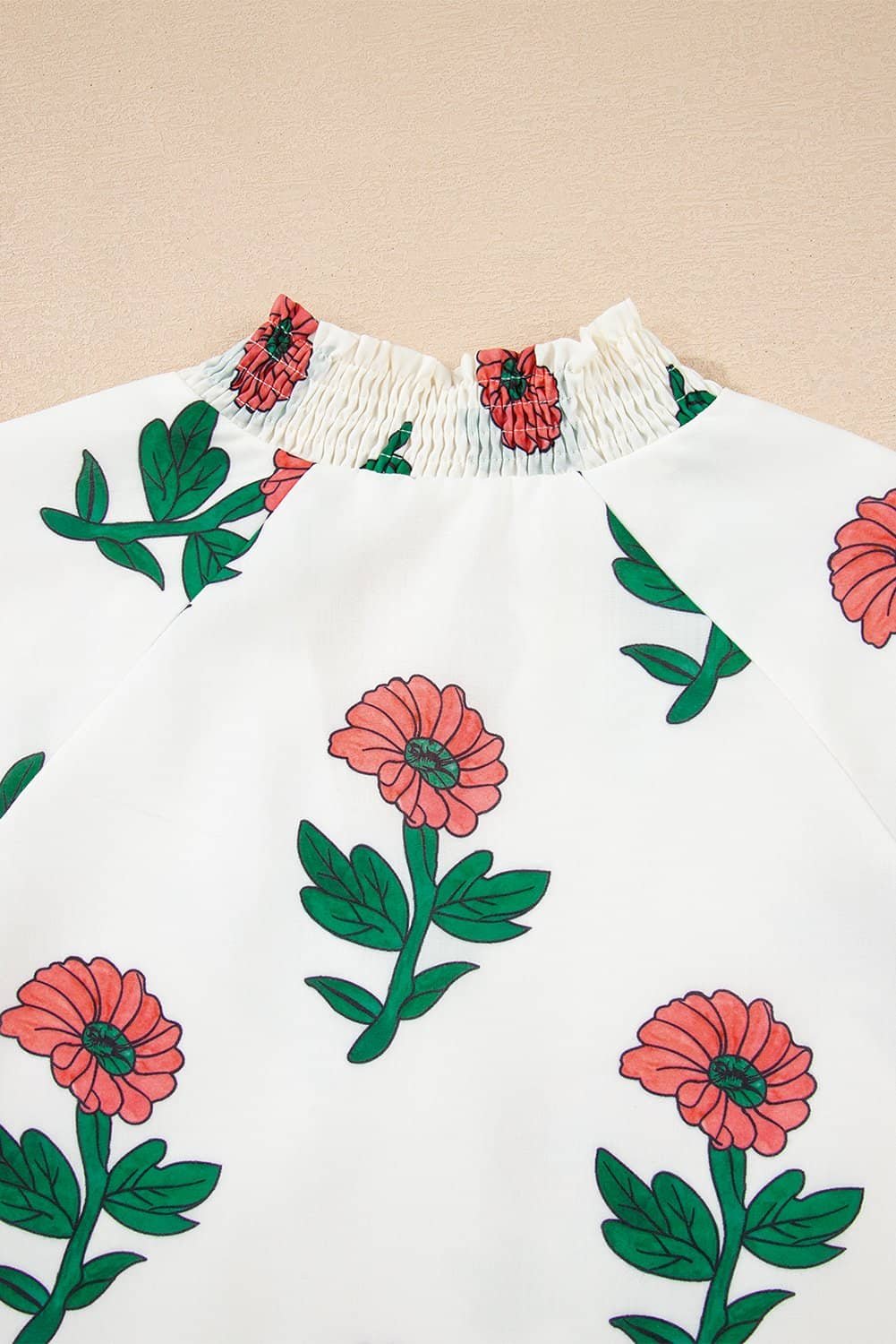 Beige Floral Print Shirred Split Neck Short Sleeve Blouse