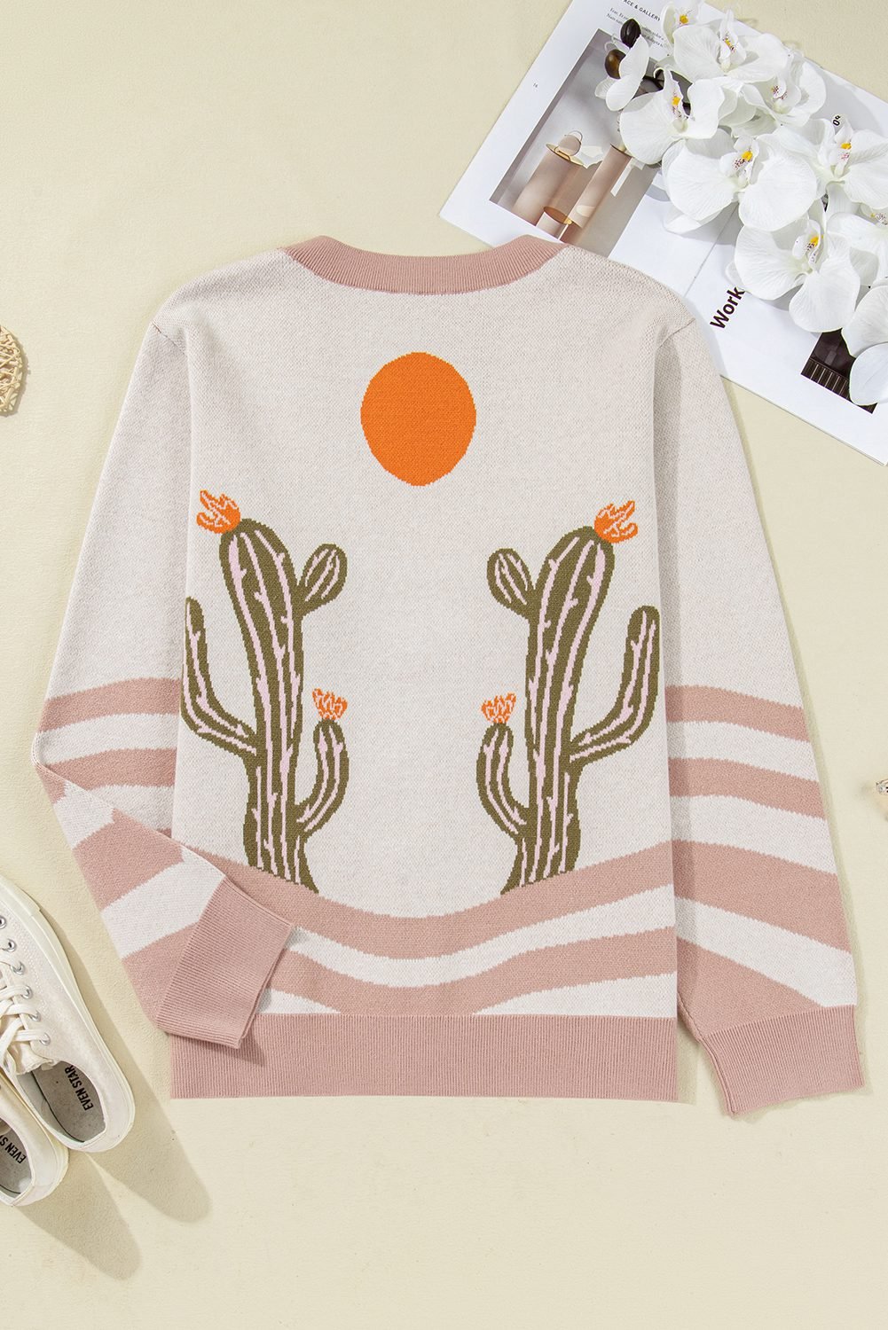 Apricot Western Desert Cactus Print Plus Size Button Cardigan Sweater