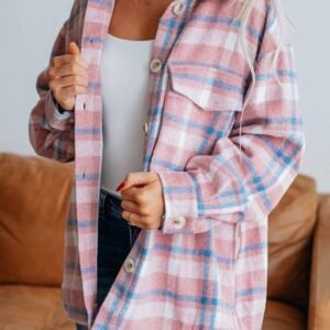 Pink Plaid Print Color Block Collared Flap Pockets Loose Shacket