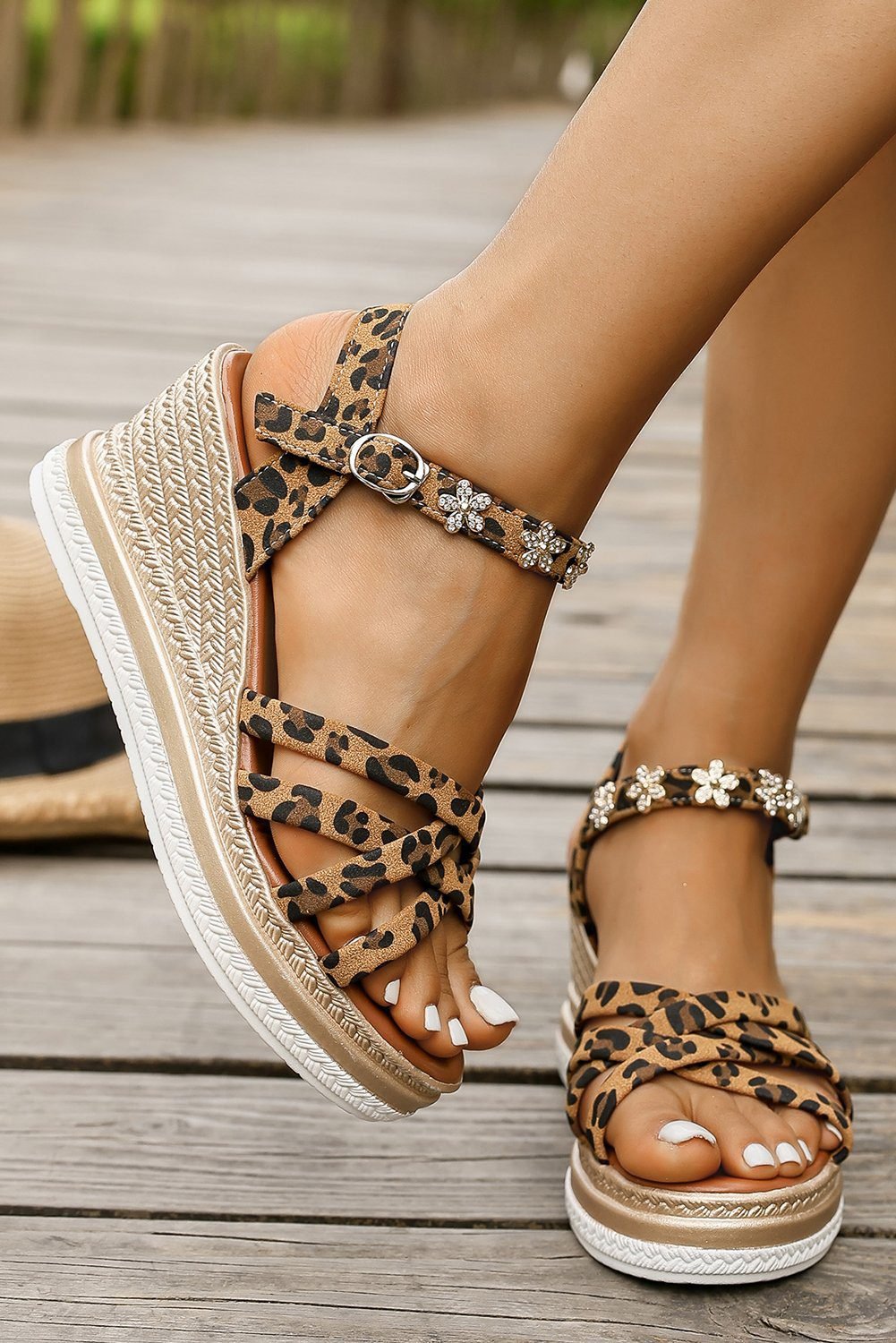 Chestnut Rhinestone Flower Decor Leopard Strappy Wedge Sandals