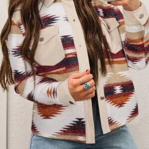 Multicolour Western Aztec Striped Patchwork Double Flap Pocket Raw Hem Shacket