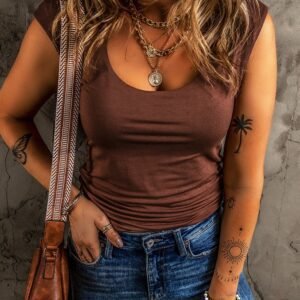 Coffee Solid Color U Neck Slim Fit Tank Top
