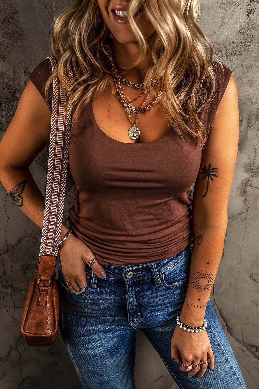 Coffee Solid Color U Neck Slim Fit Tank Top