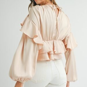 Oatmeal Lace-Up Keyhole Back Ruffled Peplum Blouse