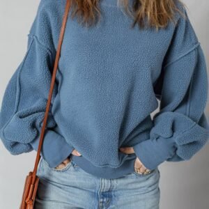 Sail Blue Fleece Drop Shoulder Exposed Seam Patchwork Casual Sweatshirt