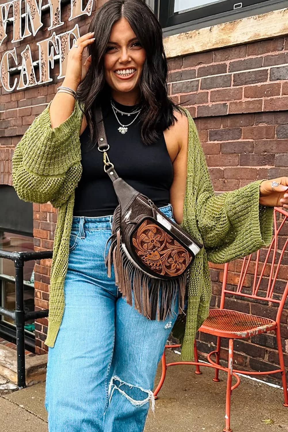 Spinach Green Oversize Crochet Knit Open Cardigan