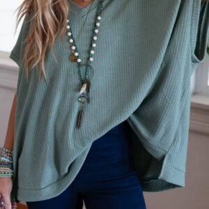 Moonlight Jade Oversized Ribbed Knit V Neck Dolman Short Sleeve Top