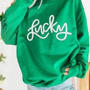 Green Lucky Aphabet Chenille Embroidered Pullover Sweatshirt